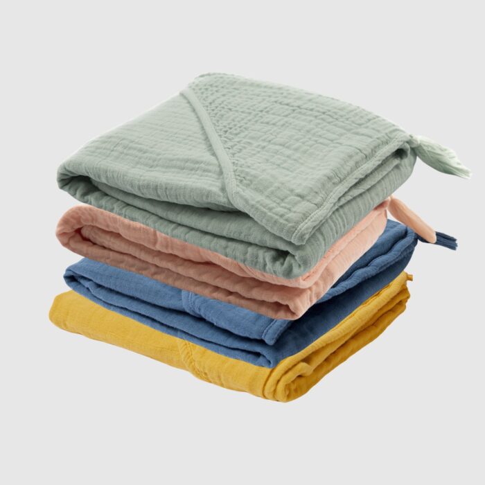 Organicera Organic Muslin Hooded Towel Mustard aqua salmon indigo rose