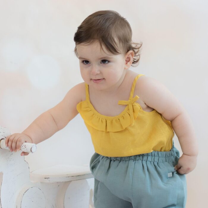 organicera organic baby hemp frilled body suit mustard
