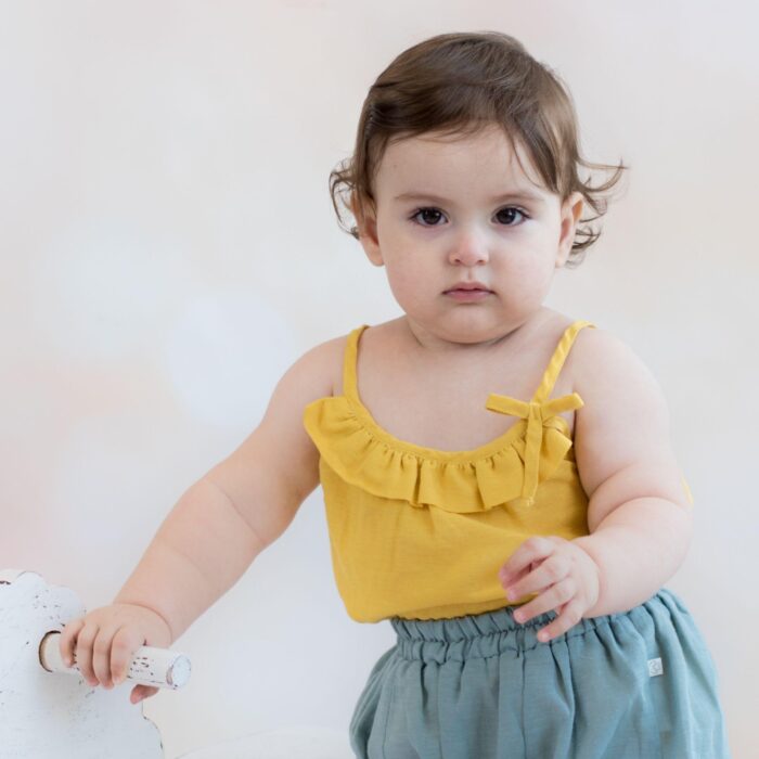organicera organic baby hemp frilled body suit mustard