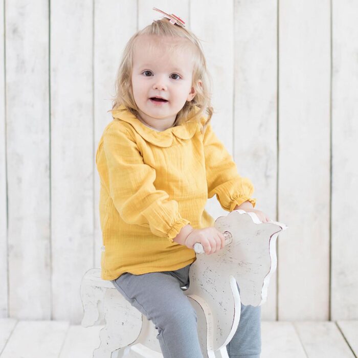 organicera organic muslin peter pan collar body suit blouse mustard