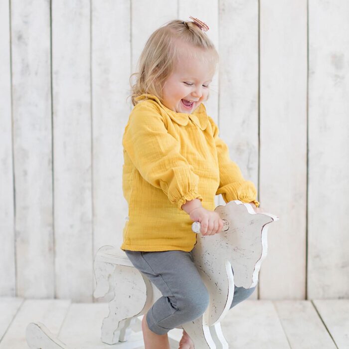 organicera organic muslin peter pan collar body suit blouse mustard