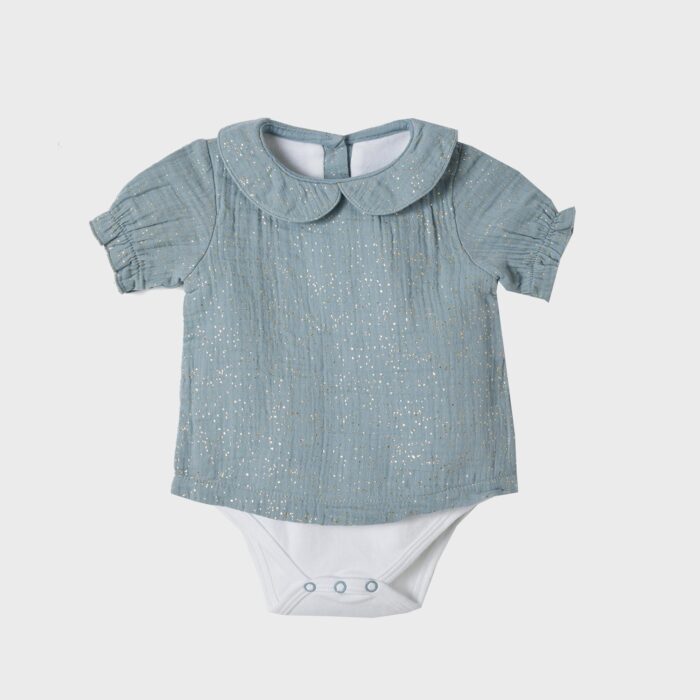 organicera organic muslin peter pan collar shirt body aqua glitter