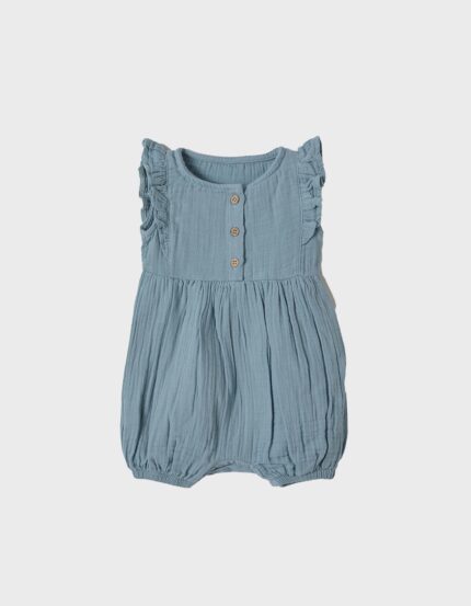 organicera organic muslin romper with frills aqua