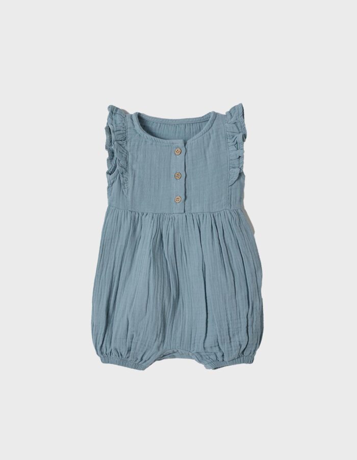 organicera organic muslin romper with frills aqua