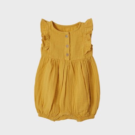 organicera organic muslin romper with frills mustard